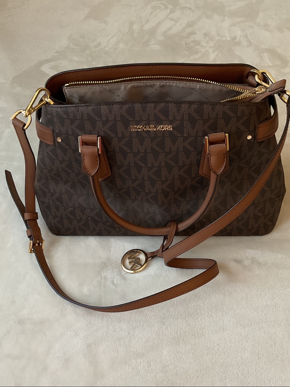 Michael Kors Brown Signature MK Satchel with Leather Trim
